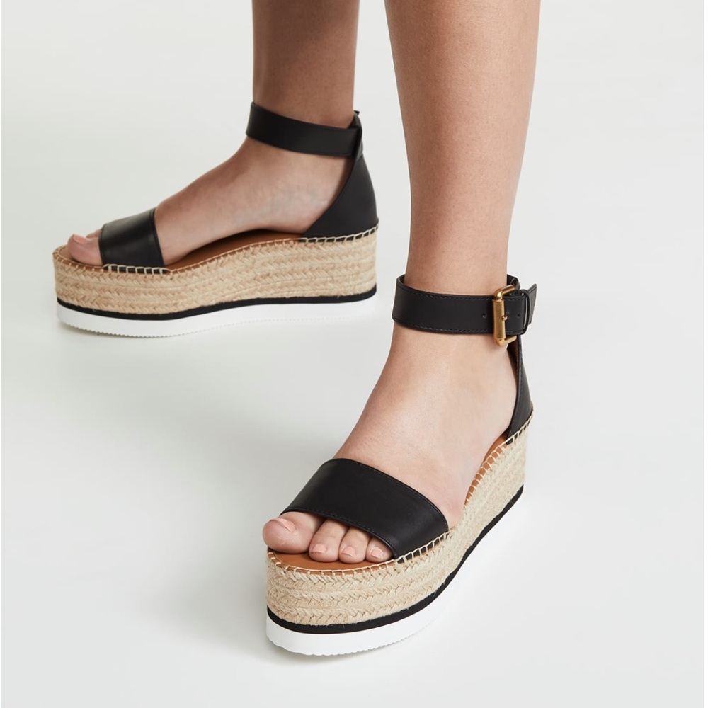 See By Chloe Black Leather Espadrille Platform Sandals